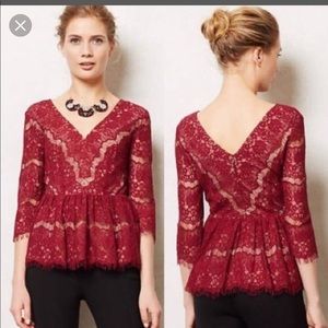 Anthropologie Red lace v-neck peplum, M